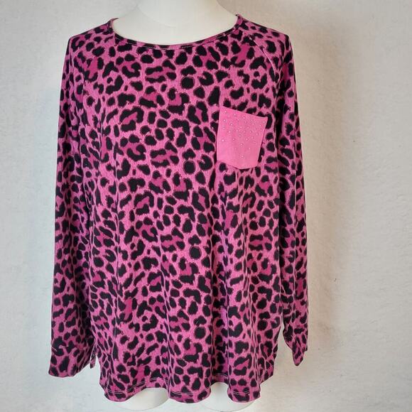 Quacker Factory Womens Cheetah Animal Print Top Sz L Studded Pink Y2k Girly - Picture 2 of 10